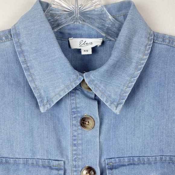 Elan Cotton Denim Tiered Shirt Dress XS Button Front A Line Puff Sleeve Blue - Picture 4 of 8